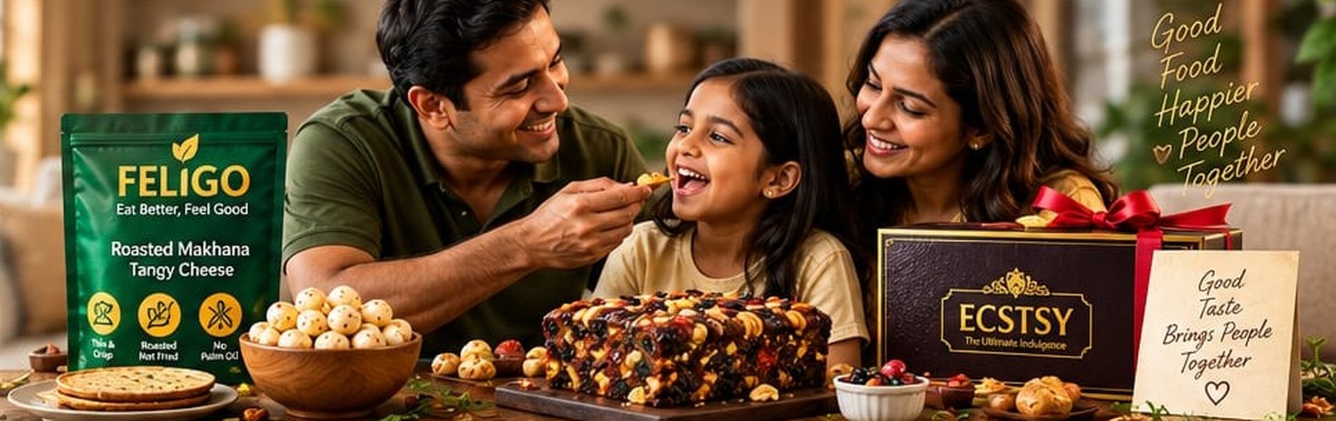 A family sharing FELIGO makhana and ECSTSY treats at home